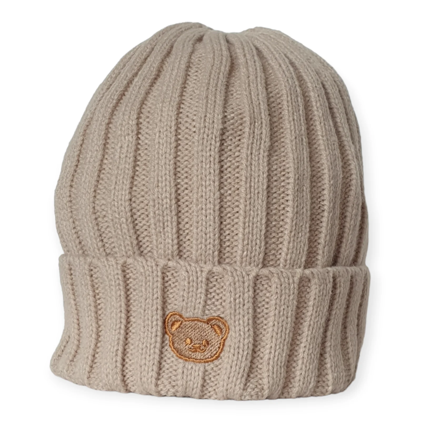 Gebreid Beanie Mutsje met Beer (Beige)