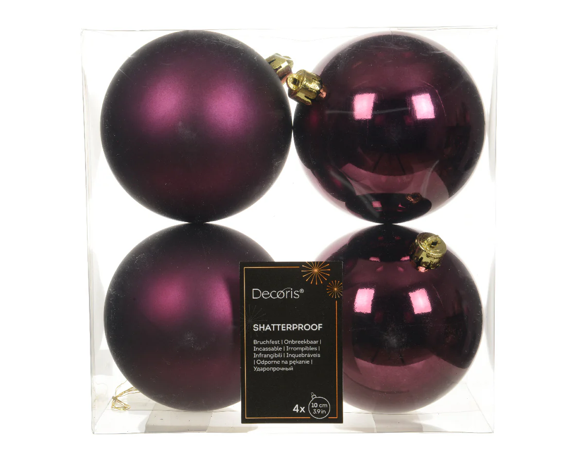 Kerstballen kunststof – box 4 stuks – donker mauve