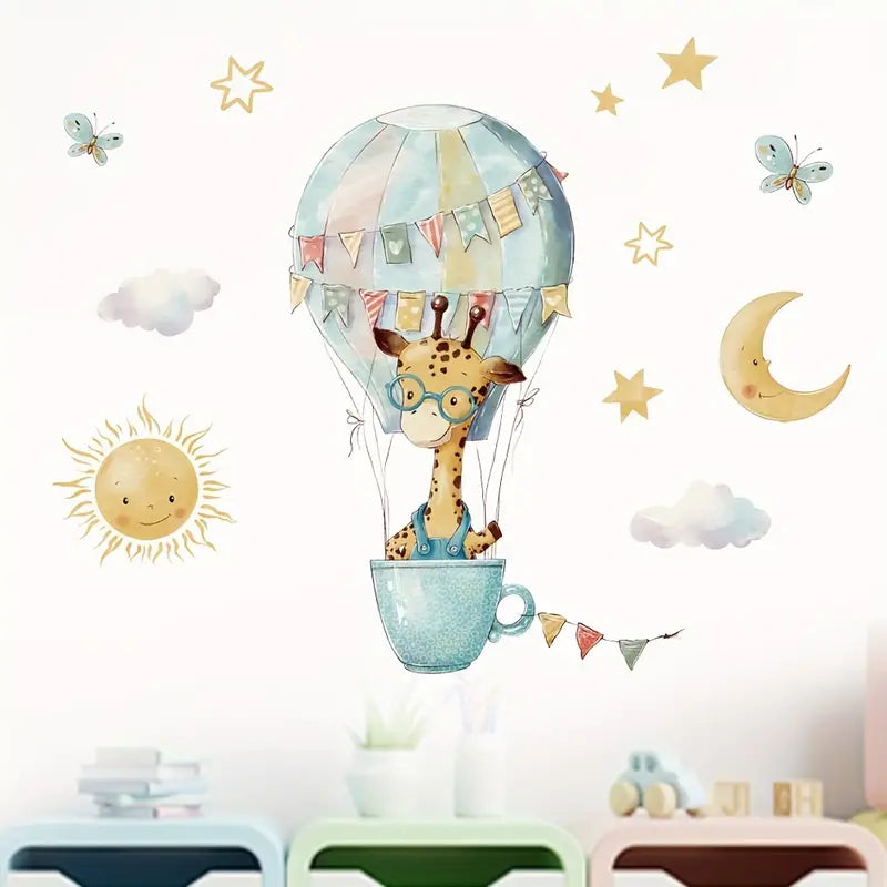 Muursticker ‘Giraffe in Luchtballon’