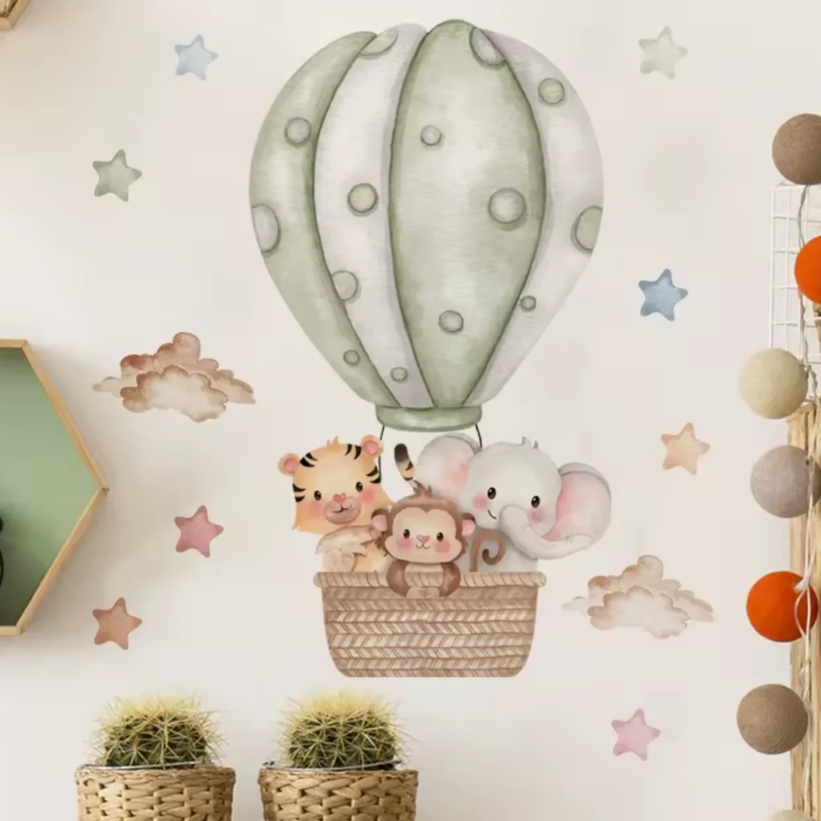Muursticker ‘Dieren in Luchtballon’ (Groen)