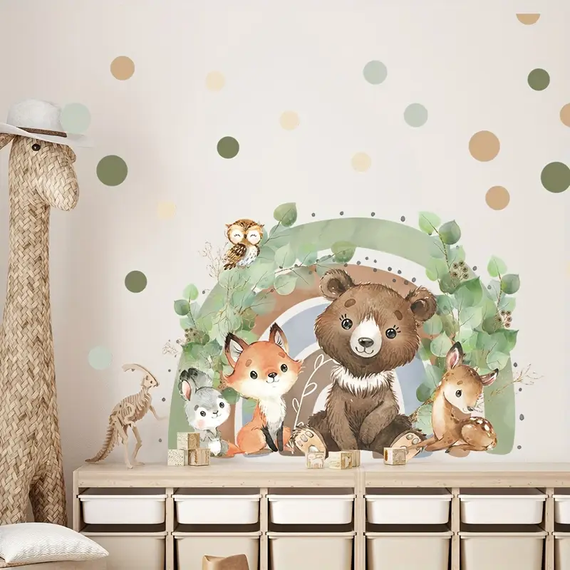 Muursticker ‘Pluizige Dieren Regenboog’