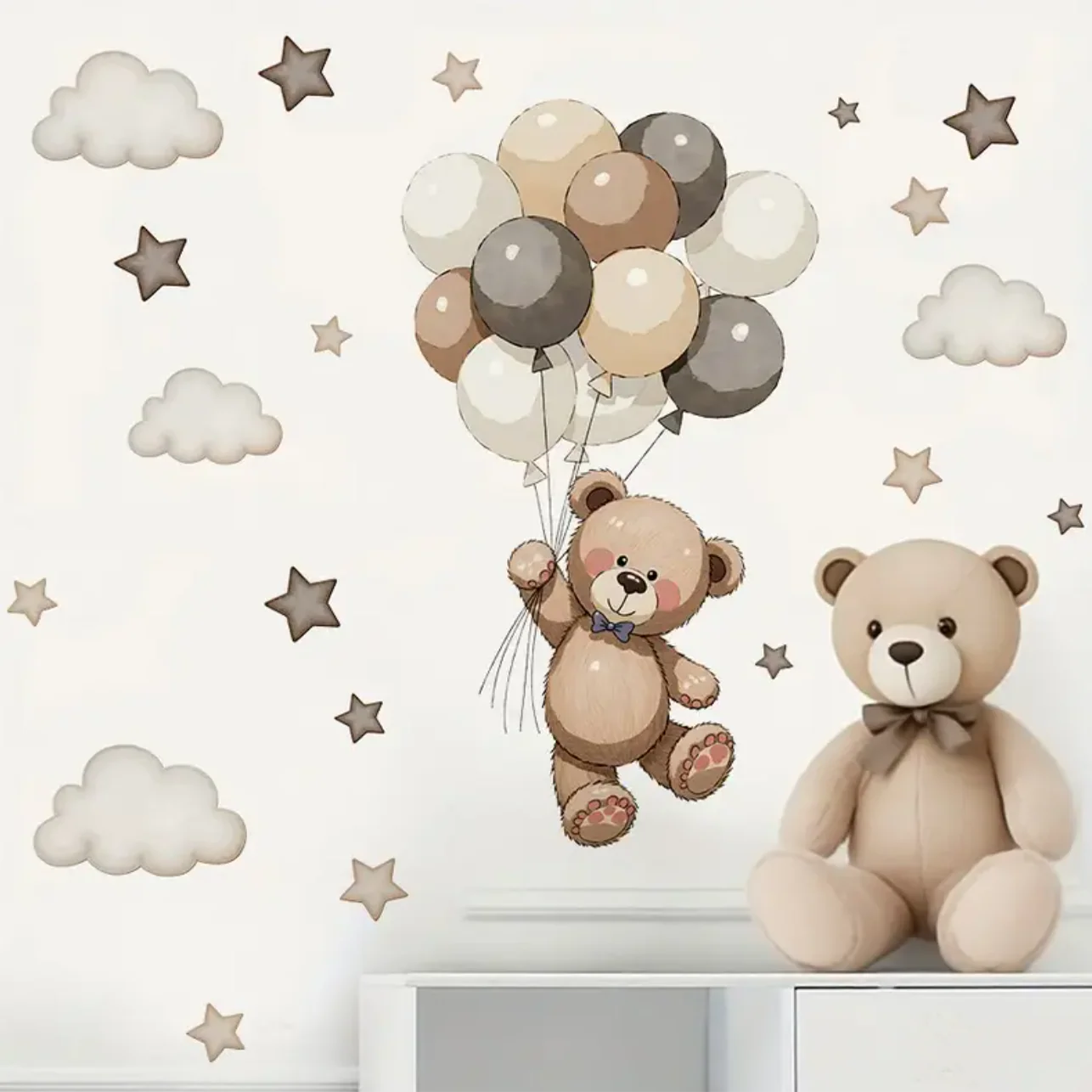 Muursticker ‘Teddy aan tros Ballonnen’