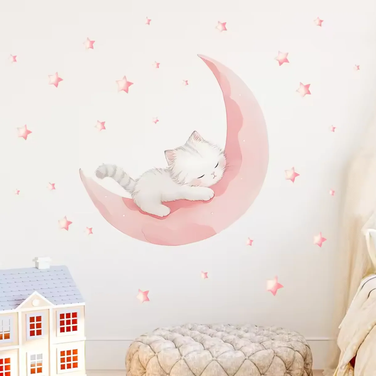 Muursticker ‘Kat op Roze Maan’
