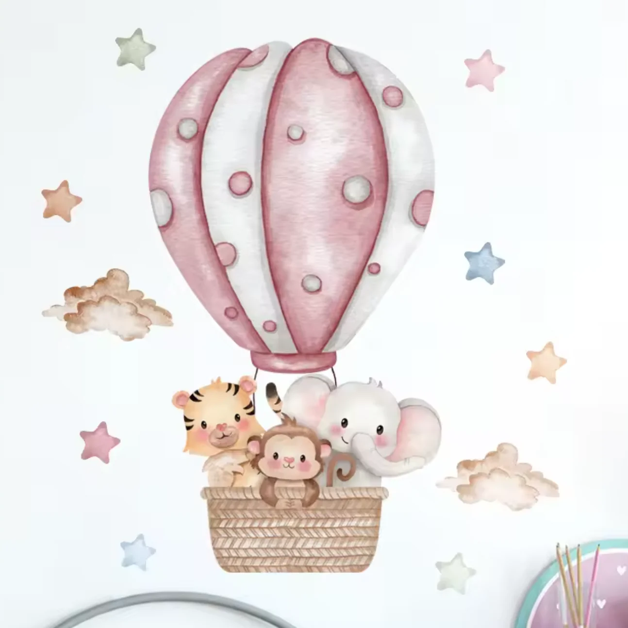 Muursticker ‘Dieren in Luchtballon’ (Roze)