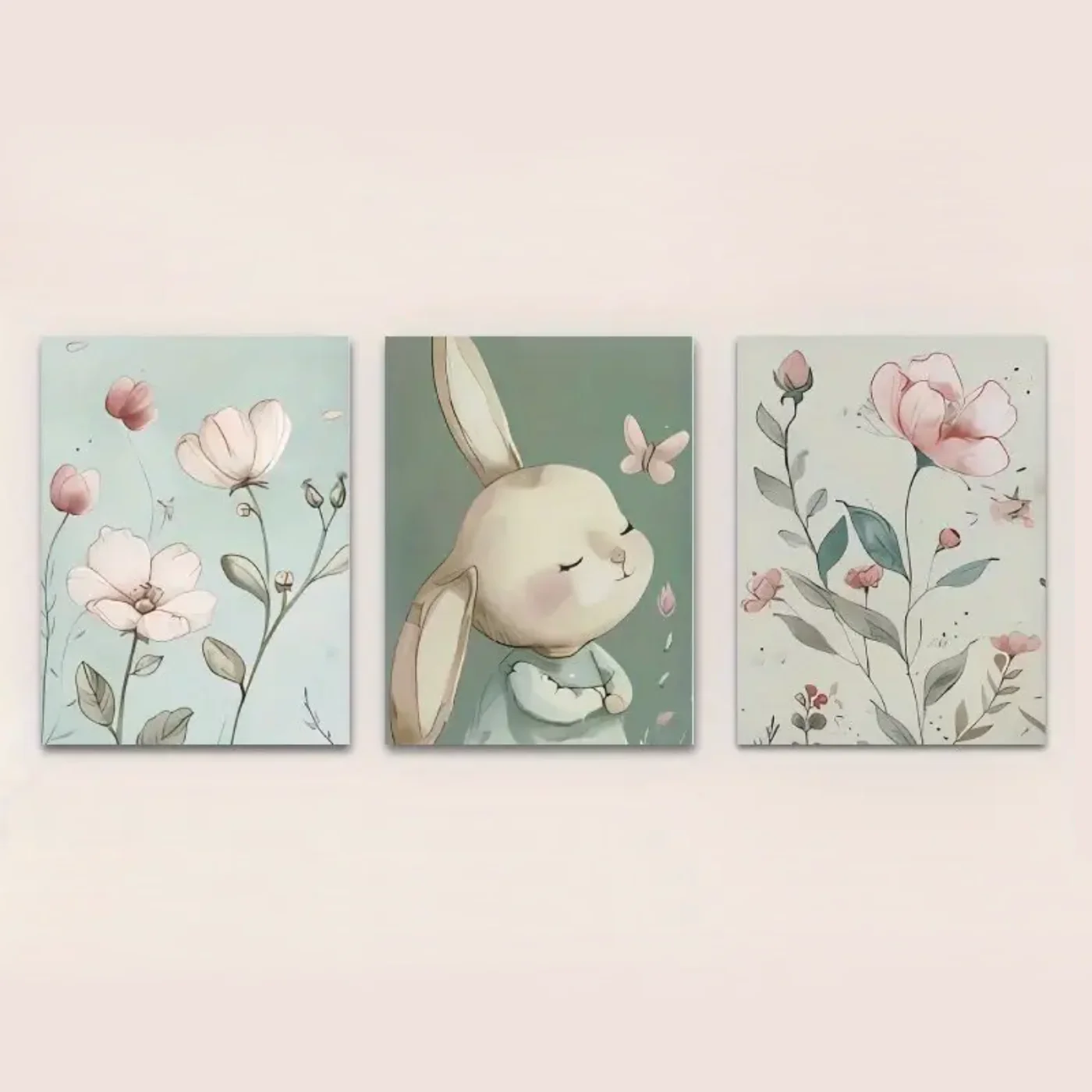 Set van 3 Canvas ‘Flowers & Bunny’