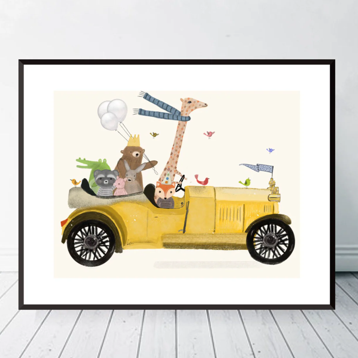 Canvas ‘Dieren in Gele Auto’