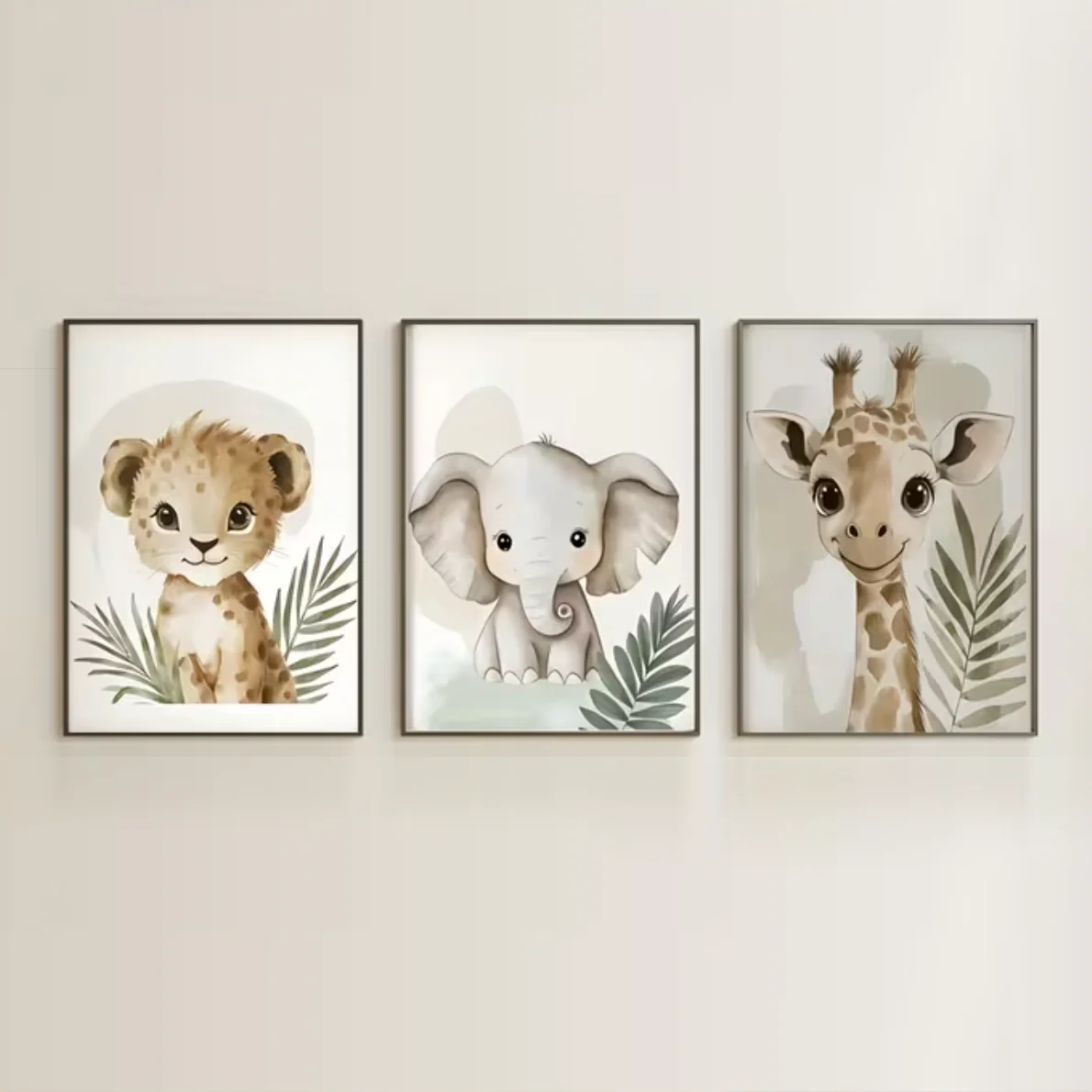 Set van 3 Canvas ‘Baby Leeuw, Olifant & Giraffe’