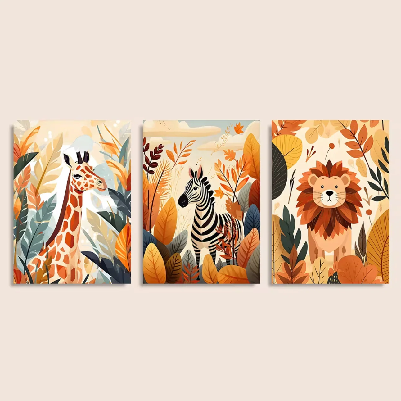 Set van 3 Canvas ‘Gekleurde Safari Dieren’
