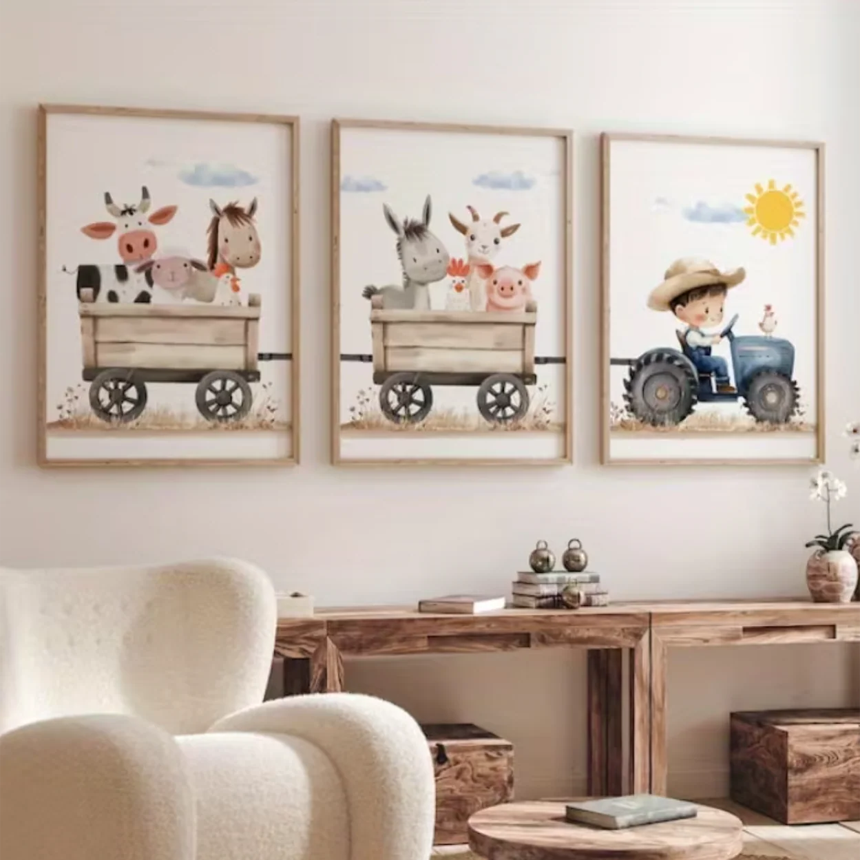 Set van 3 Canvas ‘Jongen op Trekker met Dieren’