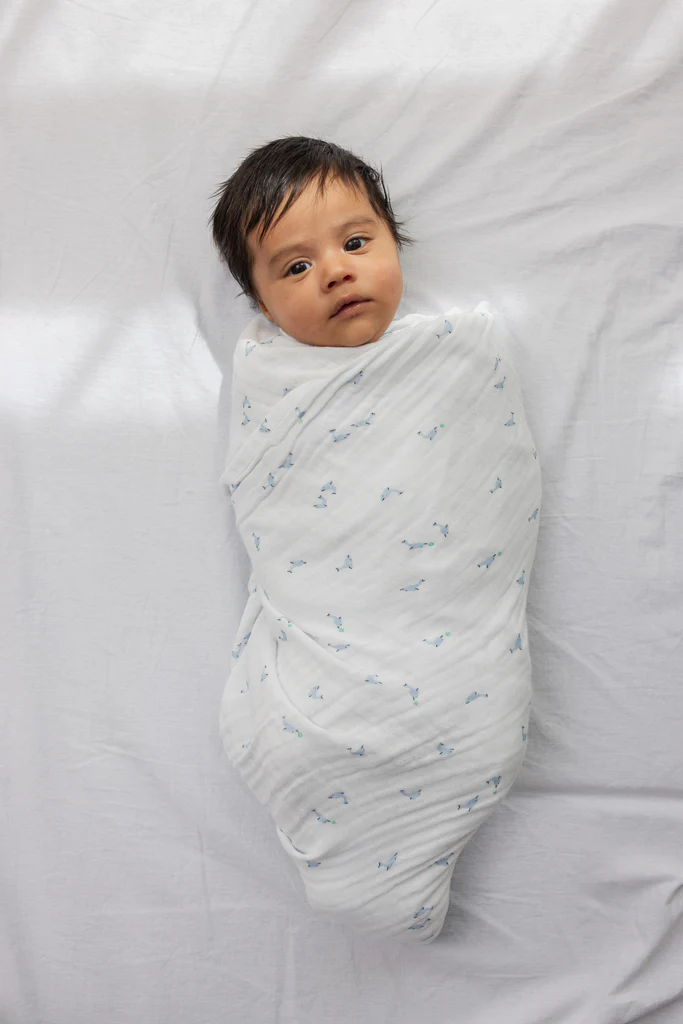 Swaddle – Hydrofiele doek – 110×110 cm – Biologisch katoen mousseline –  Bonded Muslin Print – Dolfijn/Dolphin – MarMar Copenhagen