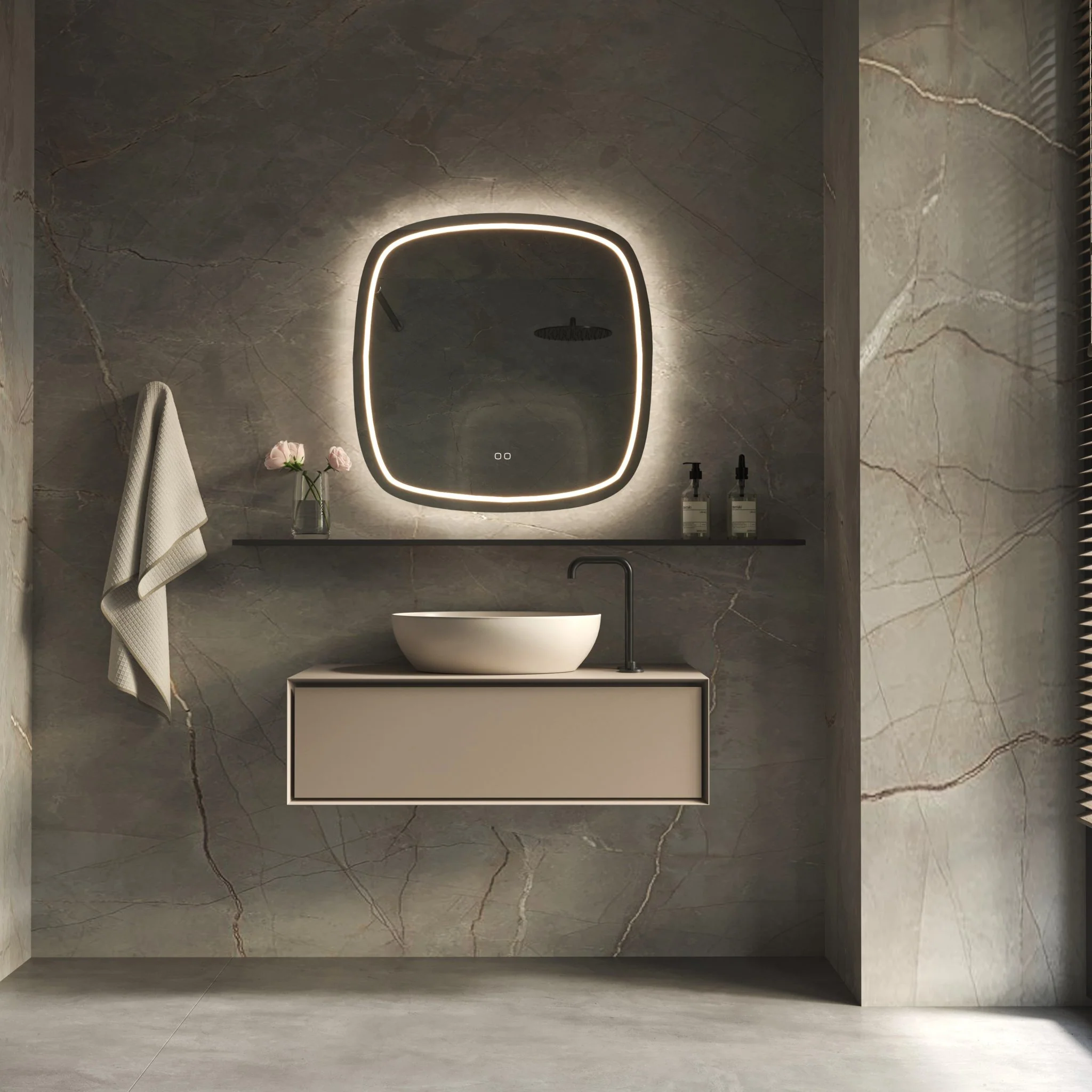 Hipp Design Phantom 006 spiegel afgeronde hoeken met directe en indirecte verlichting en verwarming