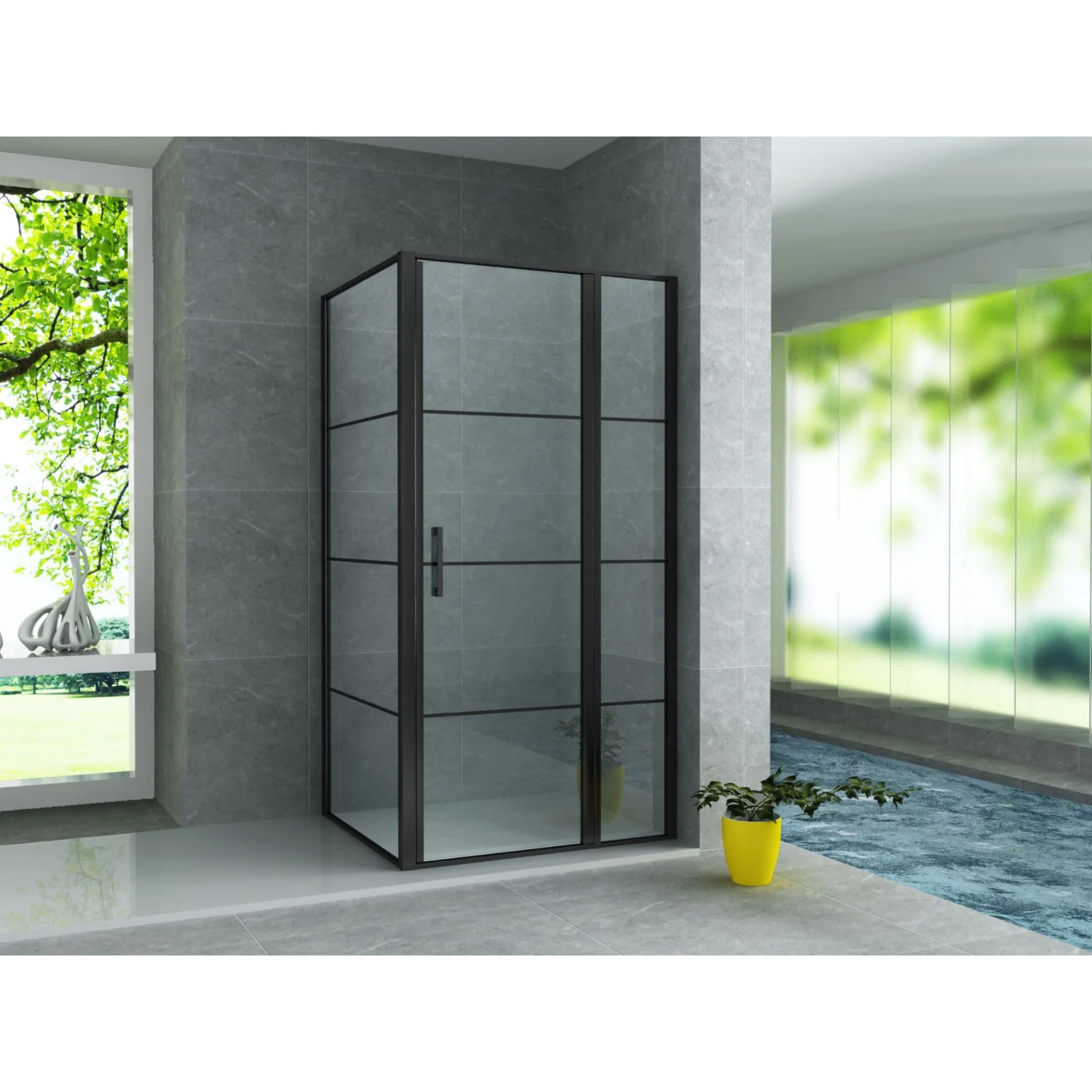 ALONI Douchecabine met Draaideur, Vast Wandje en Zijwand – 8 mm Veiligheidsglas – Helder Glas met Zwart Raster – Omkeerbaar