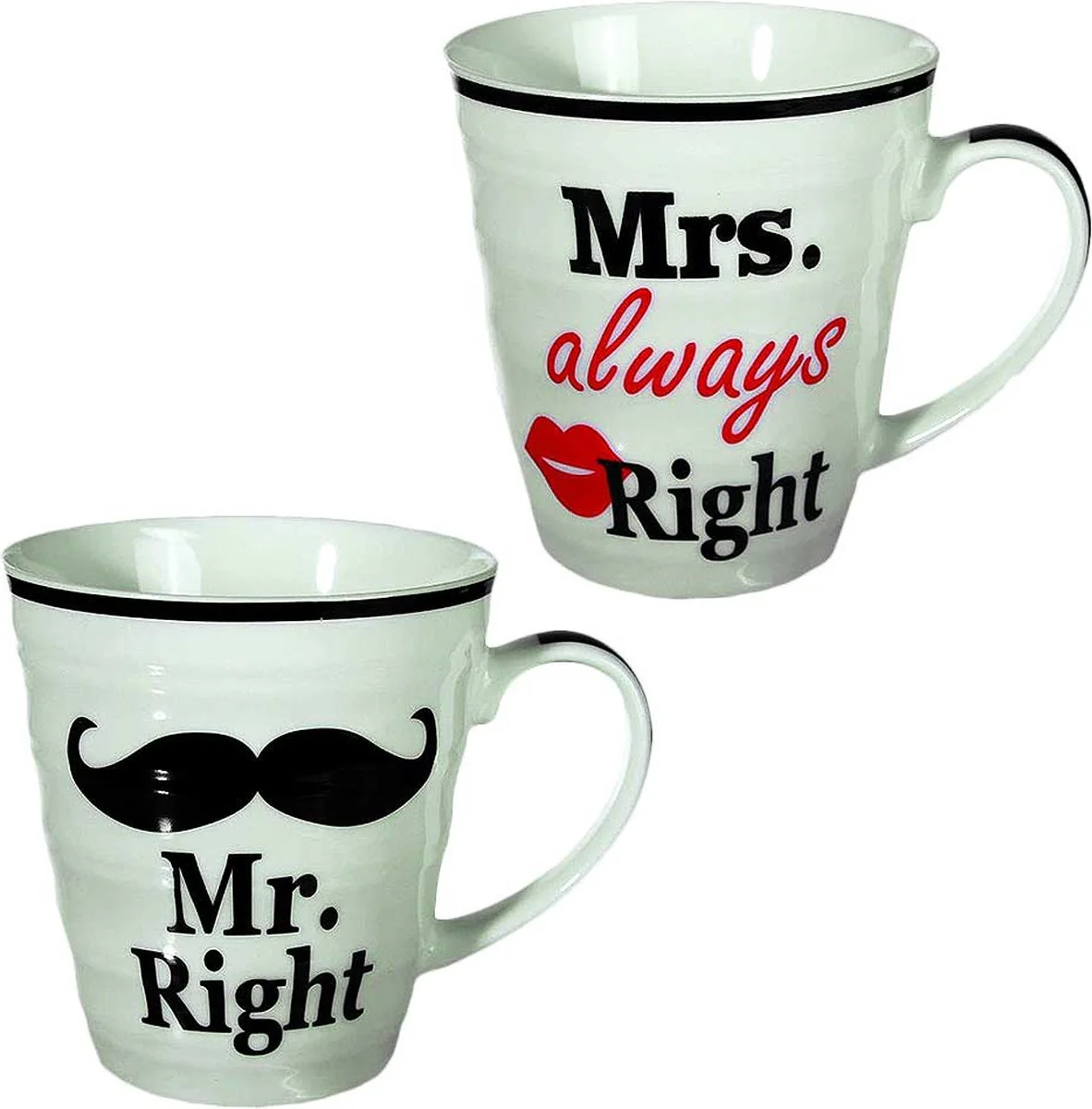 Koffiebeker set – Mr Right en Mrs Always Right – koffiemok – Huwelijk/Bruiloft/Valentijnsdag- cadeautje Mr. & Mrs. Right bekers – Beker – 2 Stuks