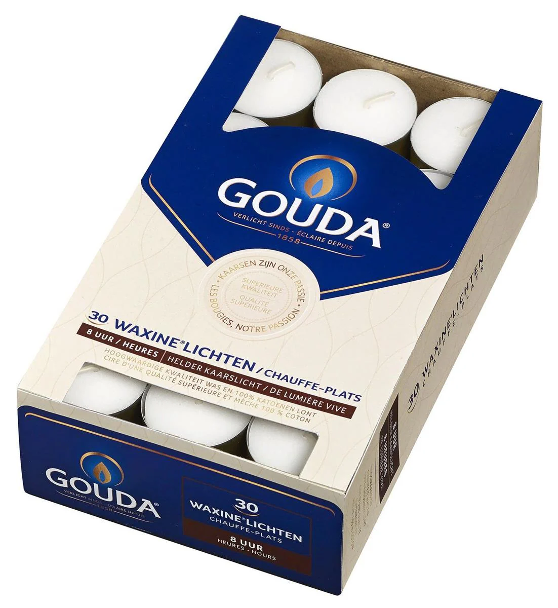 Gouda Waxinelichtjes Wit – 30 stuks, 8 uur brandtijd