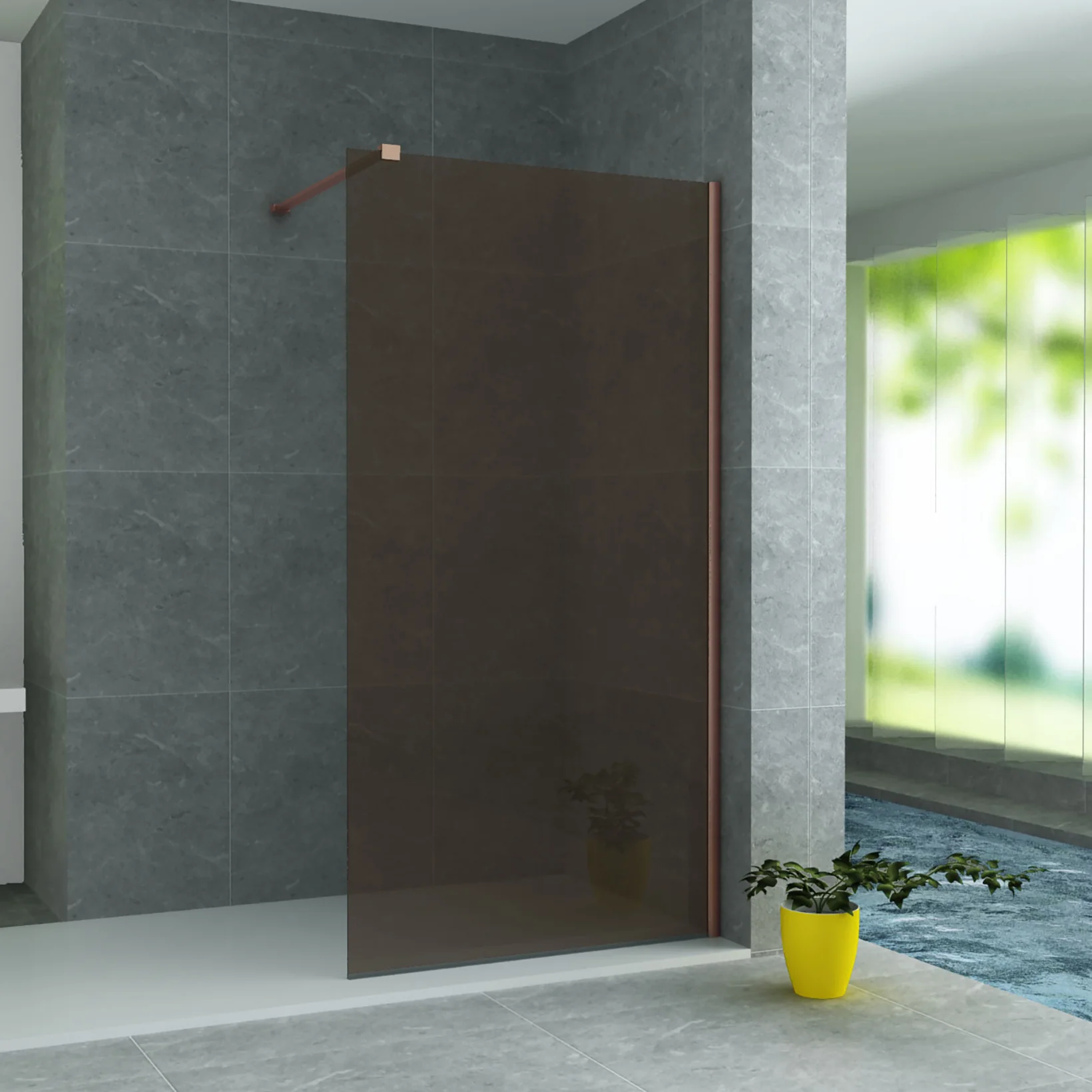 ALONI douchewand champagneglas met koperen profiel – 8 mm veiligheidsglas