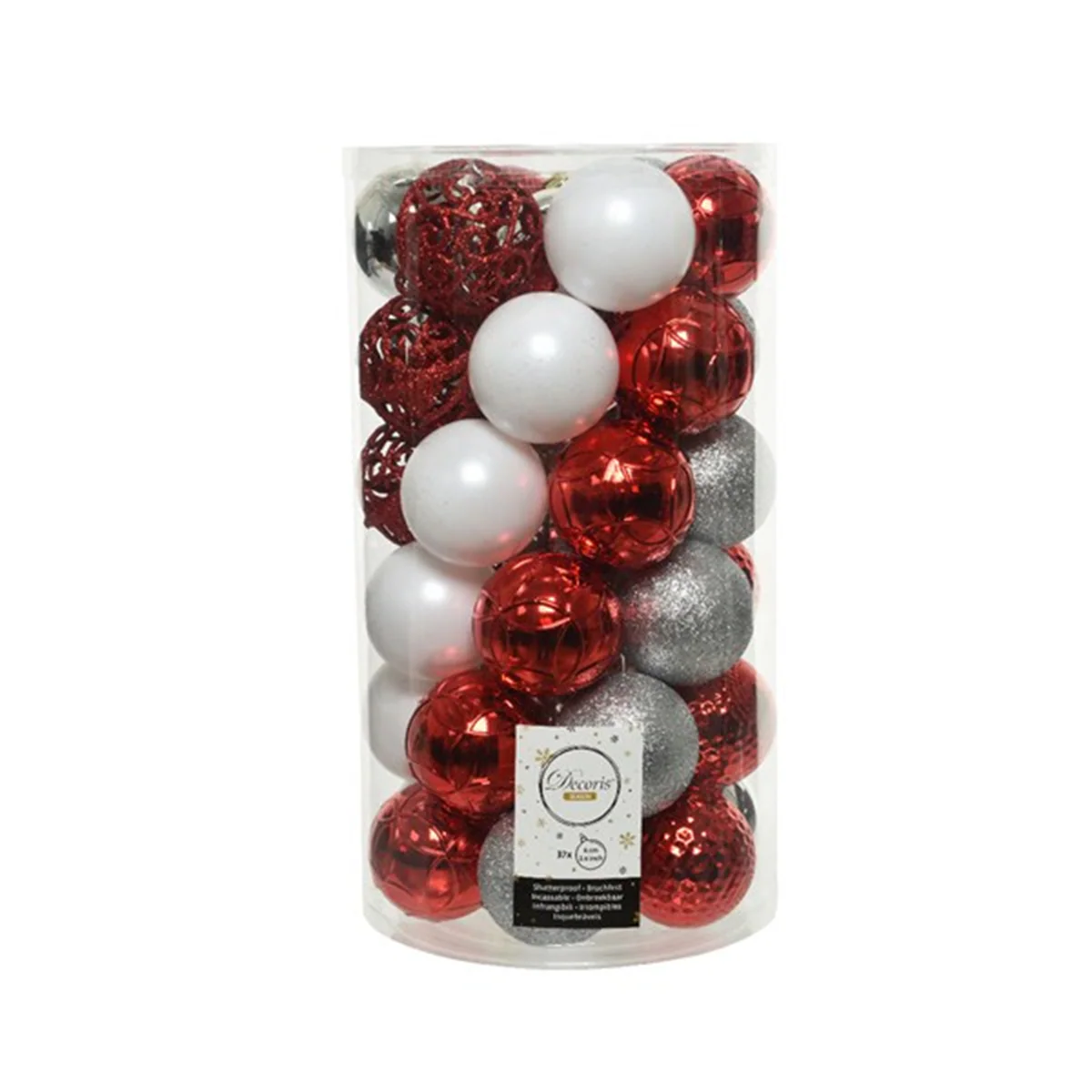 Kerstballen kunststof mix koker 37 stuks – Ø6cm – rood/wit/zilver
