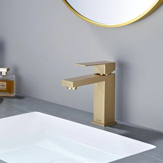 Badkamerkraan Goud Wastafelkranen met Geluidsarme Keramische Ventielkern Wastafelkraan Koud en Warm Water Eéngreepsmengkraan Badkamerkraan Geborsteld Goud