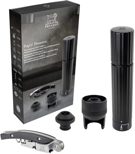 Peugeot Pop’n’ Preserve Giftset Zwart – Kurkentrekker & Bewaarpomp