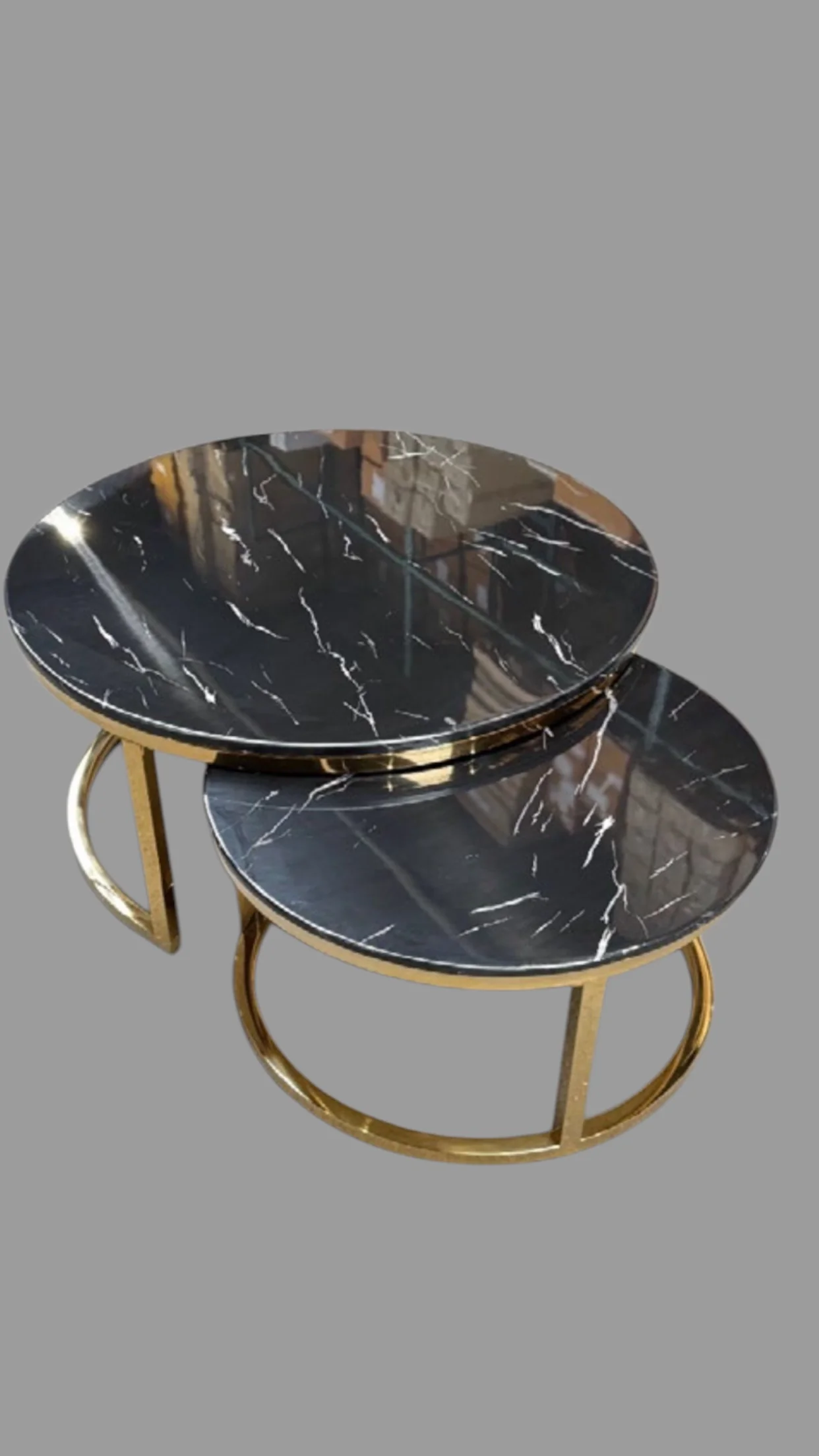 2-Delige Ronde Marmeren Salontafel (zwart/goud)Ø80/60cm
