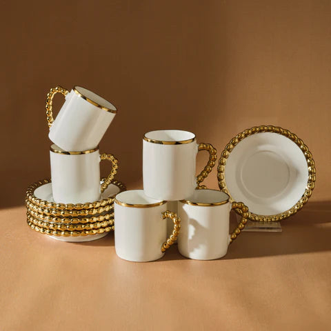 Karaca Boncuk 12-Delig Bone China Espresso Turks Koffiekopjesset Voor 6 Personen, 80 Ml, Wit Goud