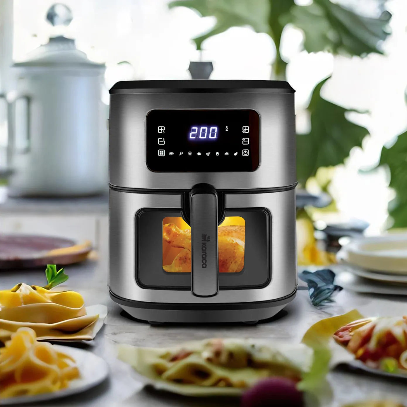 Karaca Multifry Inox, XXL Airfryer, 6,5 Liter, Met Digitaal Scherm En Glazen Kijkvenster