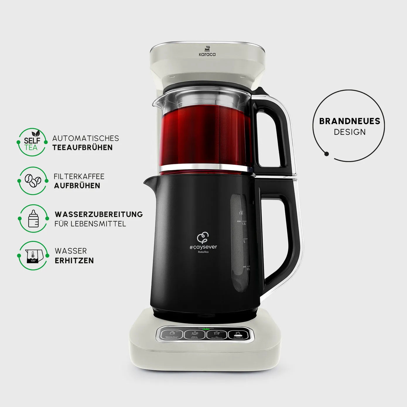 Karaca Caysever Robotea Pro, 4-in-1 theemaker, waterkoker en filterkoffiezetapparaat met spraakfunctie, Starlight