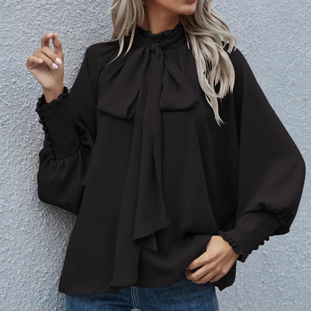 Chiffon blouse met strik en pofmouwen