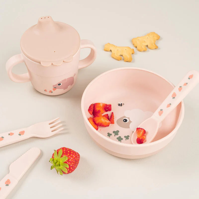 Anti slip kommetje – Foodie bowl – 0+ maanden – Tiny farm – Powder – Done by Deer