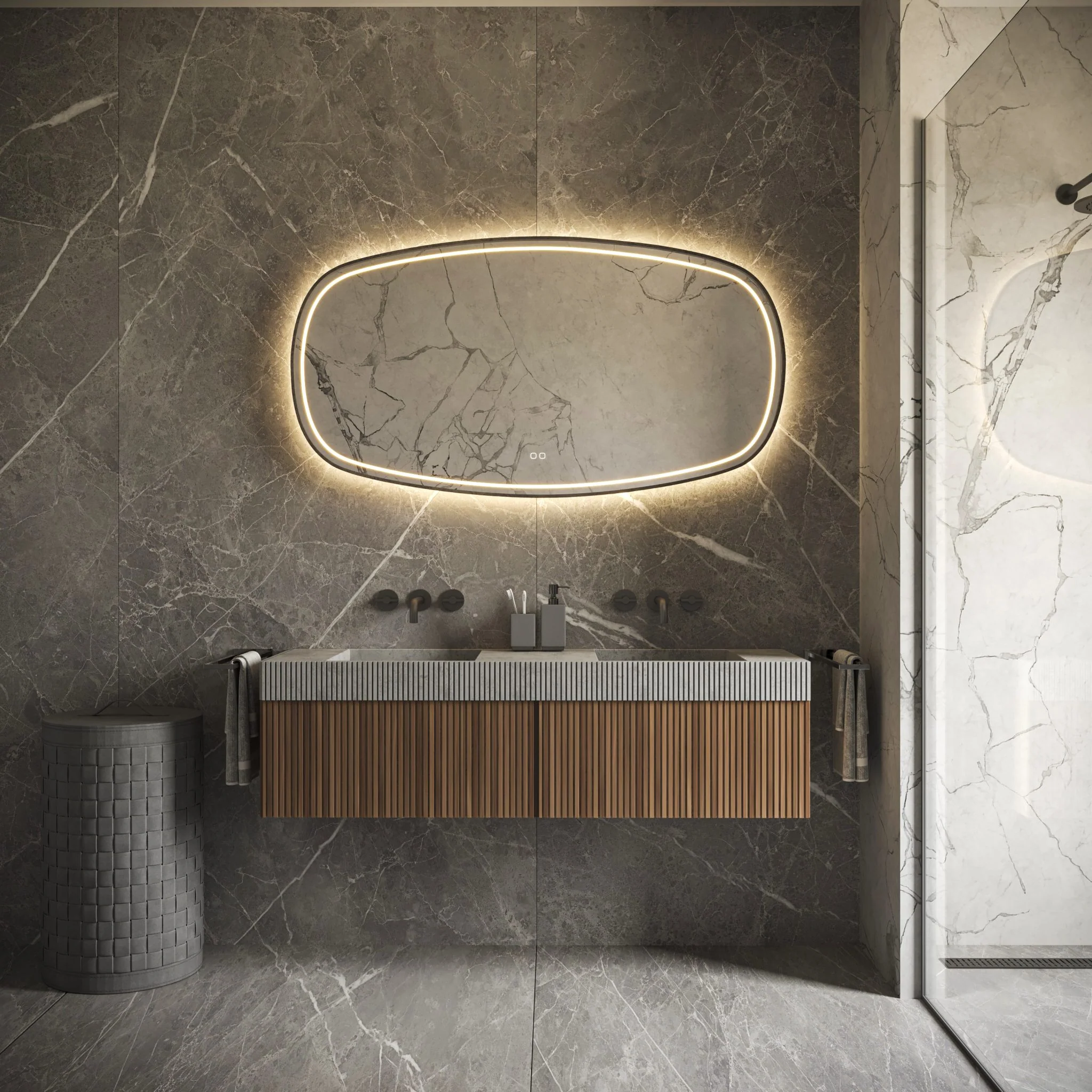 Hipp Design Phantom 009 ovale spiegel mat zwart frame met directe en indirecte verlichting en verwarming