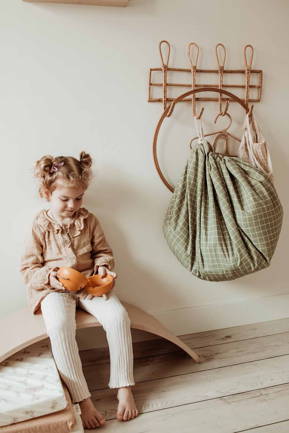 Play&Go | Speel- & Opbergkeed | Organic Cotton Green met Rasterpatroon - Afbeelding 2