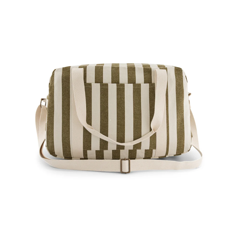 Luiertas/Weekendtas Raphael – Stripes Greige/Olive – Waterafstotend katoen – Rose in April
