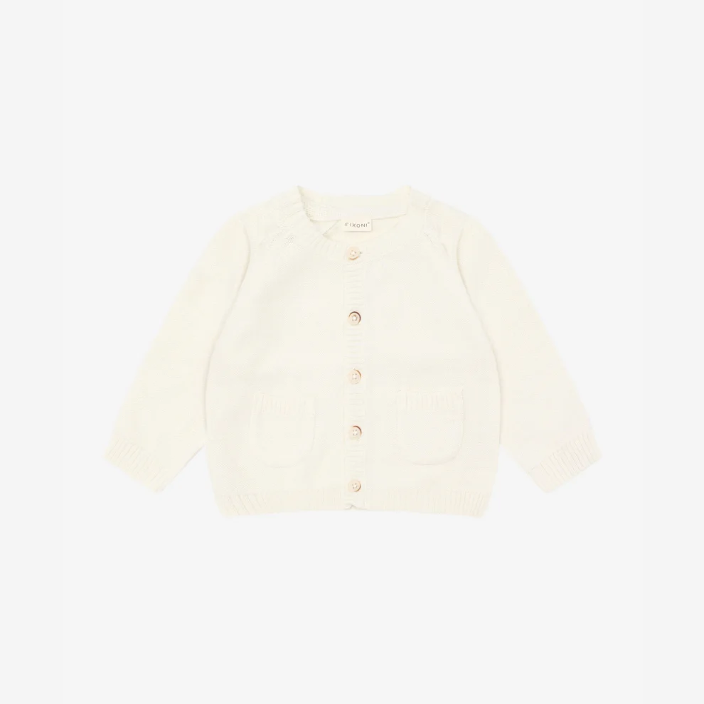 Gebreid Baby Vestje – Biologisch Katoen – Knit Cardigan – Antique White – GOTS – Fixoni