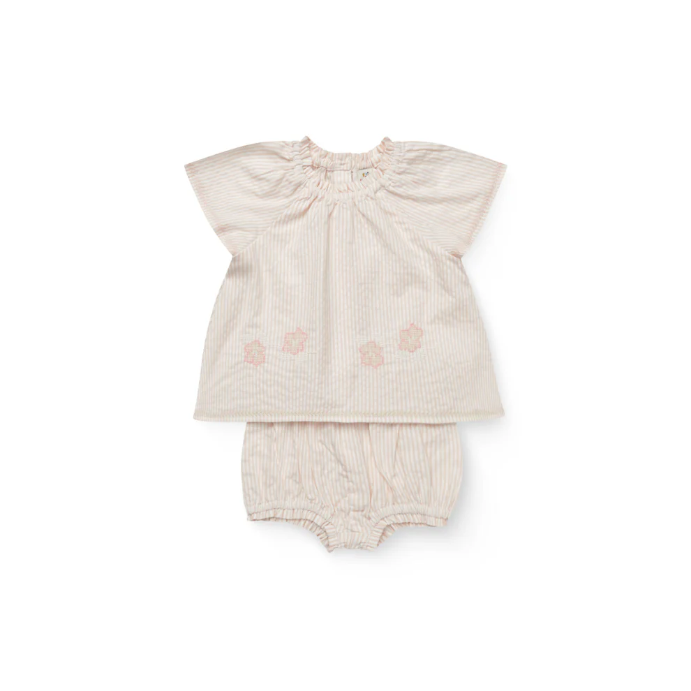 Seersucker Baby-Set met Borduursel – Biologisch katoen – Dusty Rose/Cream Stripe – Copenhagen Colors