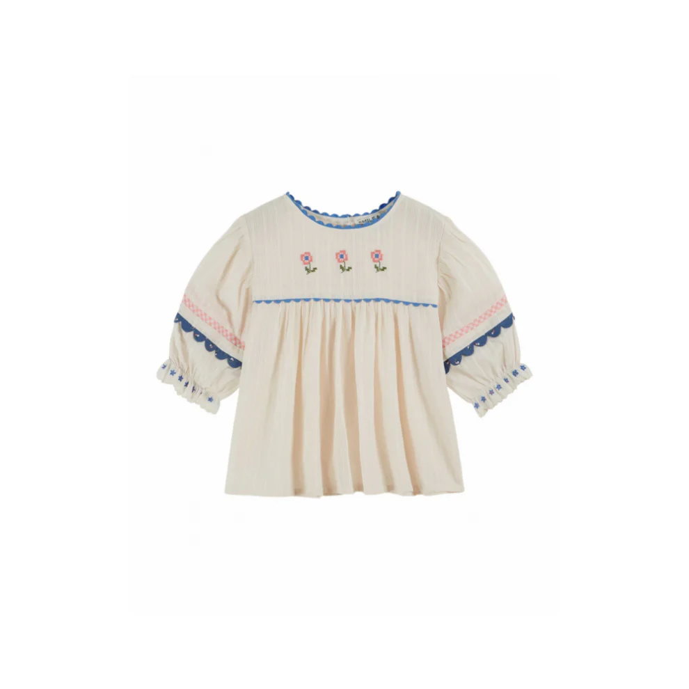 Top korte mouw – Blouse Brodee – Biologisch katoen – Creme – Emile et Ida