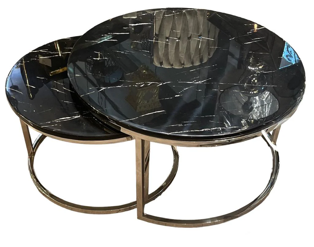 2-Delige Ronde Marmeren Salontafel (zwart/zilver)Ø80/60cm
