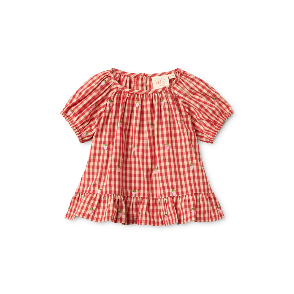 Blouse korte mouw Molly – Katoen – Rood/roze – Aardbeitjes – Flöss
