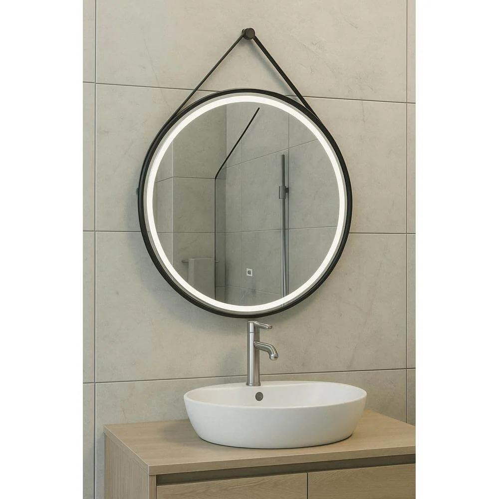 Cinto Ronde Spiegel met Band Wiesbaden LED Verlichting en Spiegelverwarming 80 cm Mat Zwart